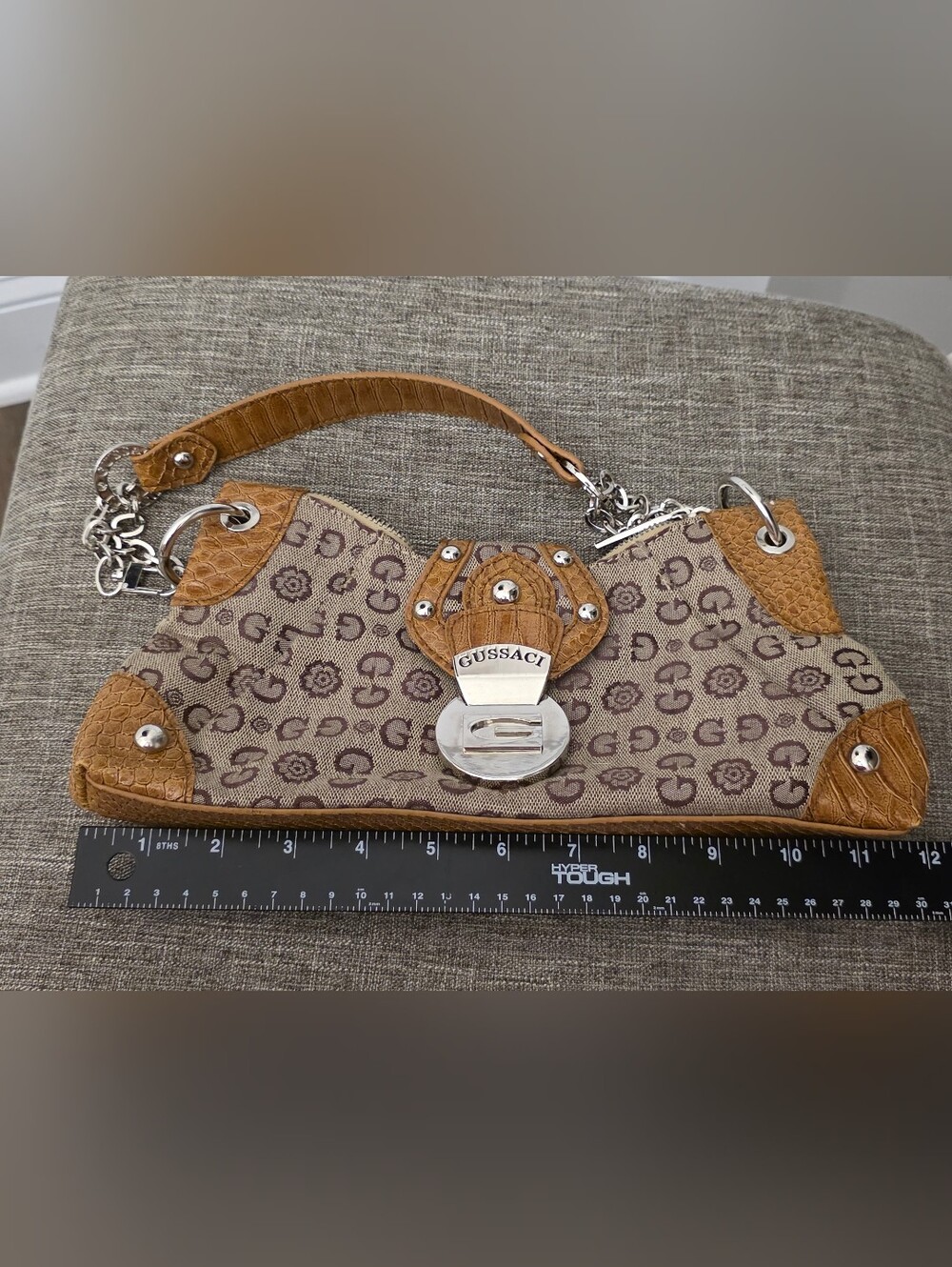 Y2k Vintage Gussaci Brown Monogram Mini Bag Faux Python Trim